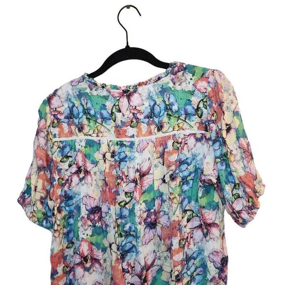 Intro Smocked Floral Rayon Short Sleeve Vibrant Top Size Small - Picture 6 of 8